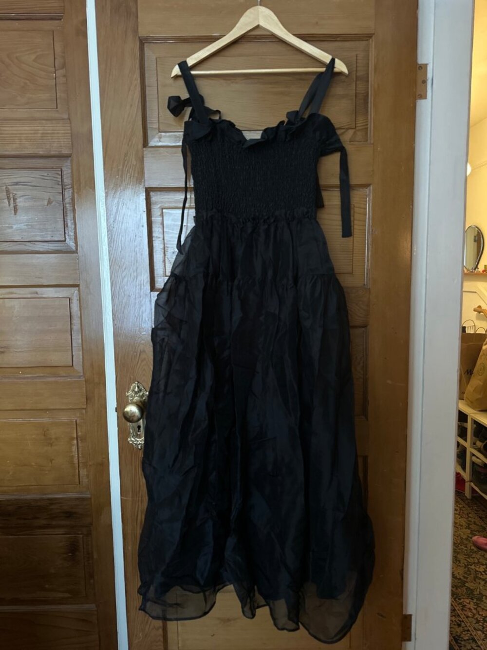 Cynthia Rowley Silk Organza Smocked Tie Shoulder Dress, Black, XS